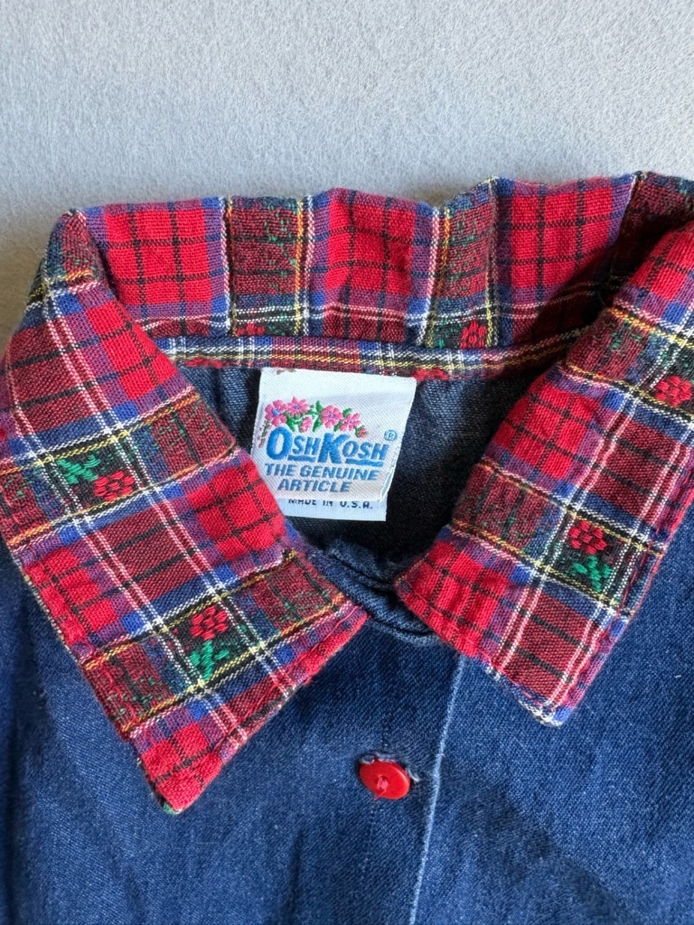 Vintage 90s OshKosh B’gosh Denim Dress with Red Plaid sz 6 USA made! 100% cotton - Picture 2 of 5